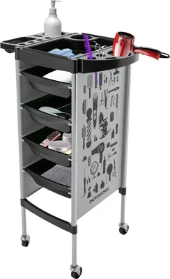 A professional hair salon trolley with multiple drawers and compartments, filled with various hairdressing tools and supplies.
