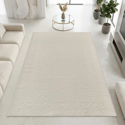Image de Tapis de sol recyclé, couleur crème, motif ornemental, idéal pour un salon, dimensions : 80 x 150 cm