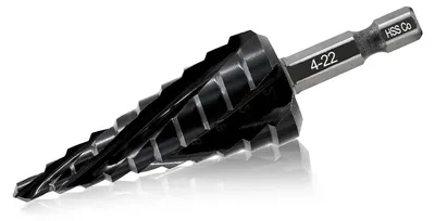 Zdjęcie produktu dla Wiertło stopniowe HSS M35 z domieszką kobaltu, 4-22 mm, czterostronne, z szybkozłączką i sześciokątnym trzonkiem, do metalu, drewna i tworzyw sztucznych
