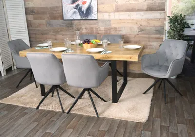 Immagine prodotto di set di 6 sedie per sala da pranzo HWC-L80, sedia da cucina sedia imbottita con braccioli, girevole, metallo tessuto/tessuto ~ grigio chiaro