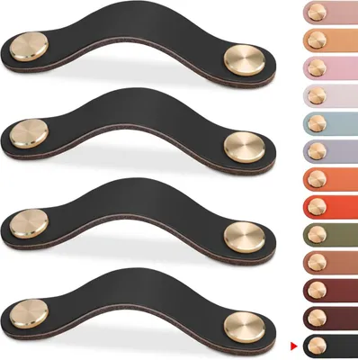 Produktbild von 4er-Set Möbelgriffe aus Leder, Schranktürknöpfe, Schubladenknöpfe aus Leder, Vintage-Möbelgriffe (Schwarz, 96 mm)