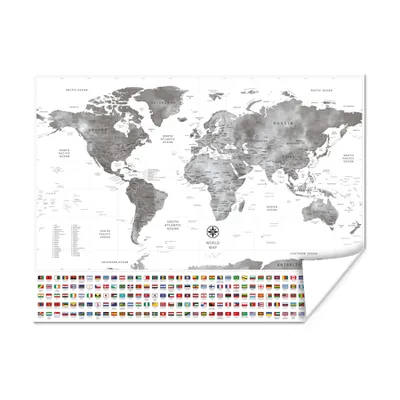 Obrázok produktu pre MuchoWow® Plagát - Mapa sveta - Vlajka - Čierna - Biela - 80x60