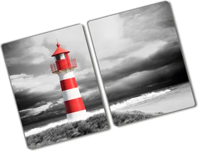 Produktbild von Tulup Glas Herdabdeckplatte - 2x40x52 cm - Glaskeramikkochfeld-Abdeckung Spritzschutz Glasabdeckplatte Kochplattenabdeckung und Schneidebrett - Zweiteilig - Landschaften - Leuchtturm - Rot