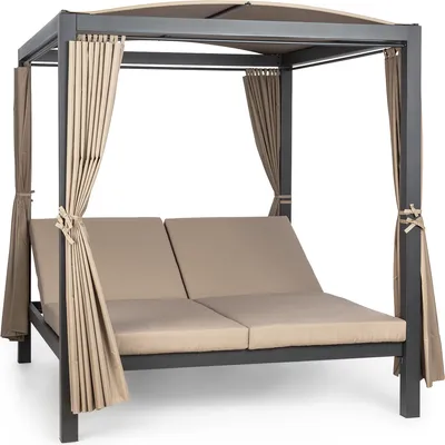 An outdoor double lounge chair with a canopy and curtains.