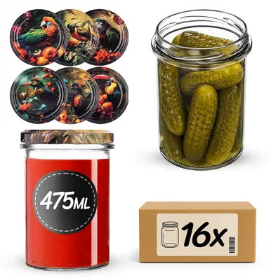 Produktbild von KADAX Einmachgläser 475ml mit Ø 82 mm Schraubdeckel, Marmeladengläser, Schraubgläser zum Einkochen, Einmachen und Aufbewahren von Marmelade & Honig (Vögel, 16 Stück)