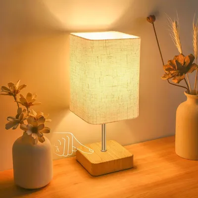 Produktbild von Nachttischlampe mit Touch-Funktion – Tischlampe, dimmbar – Stimmungslicht – Lampenschirm aus Leinen – 27,5 cm hoch – Holzoptik