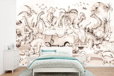 Produktbild von MuchoWow® Fototapete für Wohnzimmer oder Schlafzimmer Wandtapete Vinyl Motivtapete Dinosaurier - Bus - Kinder - Tiere - Bäume - 600x400 cm - Kindertapete - Vinyltapeten