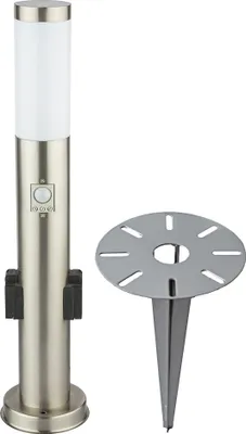 A silver bollard light with a white frosted top and a separate metal ground spike accessory, shown against a white background.