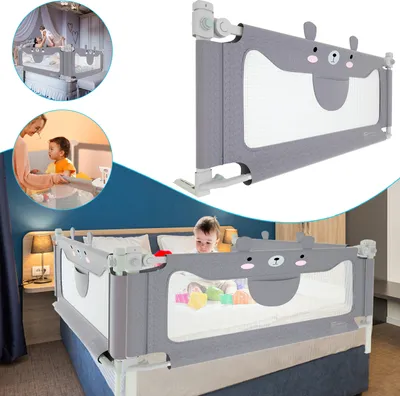A collage showing a baby bed rail in different settings, including a close-up of the product and lifestyle shots of it in use.
