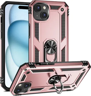 Produktbild von Schutzhülle für iPhone 15, Dual Layer Militäre Fallschutz Hülle mit Ringhalterung Ständer für iPhone 15 Roségold