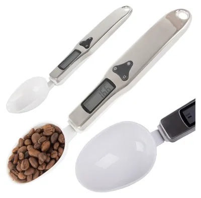 A collage of digital kitchen scales in spoon form, some with coffee beans.