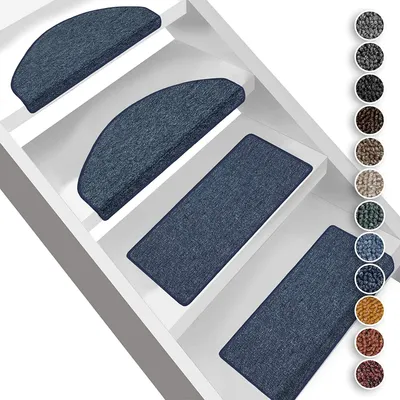 A collage of stair mats in various colors and shapes displayed on white stairs.