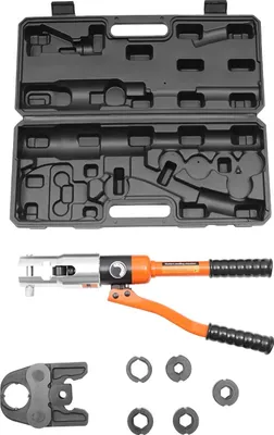 Zdjęcie produktu dla Hydrauliczne szczypce do zaciskania – zestaw narzędzi do zaciskania 10 t/100 kN – matryca motylkowa + 5 matryc w kształcie litery V – do obróbki metalu – pomarańczowe