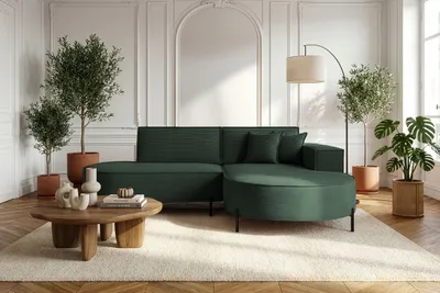 Produktbild von Ecksofa 3-Sitzer im Loft-Stil, Skandi-Design – L-Form, Ecke Rechts – Hohe Metallfüße – inkl. Dekokissen, Cordstoff Chenille – Dunkelgrün
