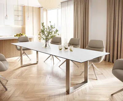 Produktbild von DELIFE Esstisch Edge 300x100 Keramik Laminam® Statuarietto Weiß Edelstahl Schmal