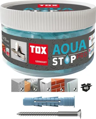 A collage showing a container of TOX Aqua Stop Pro, different building materials, and a wall plug with a screw.