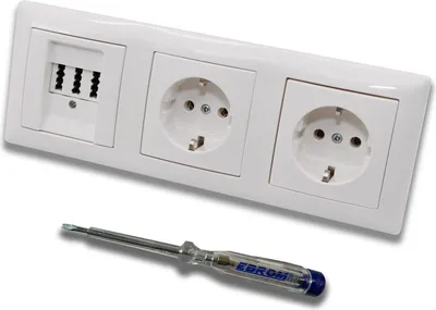 Produktbild von Busch Jäger Set: Unterputz Telefondose von EBROM, TAE 3x6 NFN für 1 Telefon und 2 Zusatzgeräte in BalanceSi alpinweiß, Rahmen und 2x Steckdose 20EUC-914 inkl. EBROM Phasenprüfer zur Montage d. Geräte