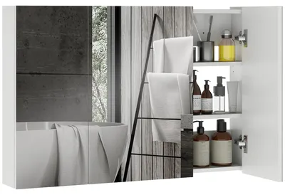 Produktbild von Badezimmer-Wandschrank mit 3 Spiegeltš¹ren und verstellbaren Holzregalb?den, 90 x 13,5 x 60 cm, Wei?