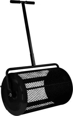 Immagine prodotto di Spargicompost da 66 cm, spargisemi, spargimuschio, spargiconcime da giardino, spargiconcime su ruote con manico a T, per giardino e prato, in acciaio, con manico estensibile, 80 L, nero, cesto a rete, leggero, guanti in omaggio
