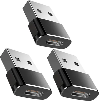 Three USB-C to USB-A adapters are arranged diagonally on a white background.