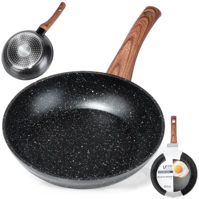 A frying pan with a wooden handle is shown against a white background. There are also smaller images of the pan and its packaging.