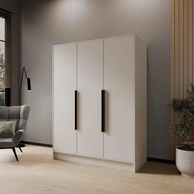 Produktbild von Drehtürenschrank PAVIA 150 cm Moderner Kleiderschrank mit glatten Türen, Kaschmir mit schwarze Griffe