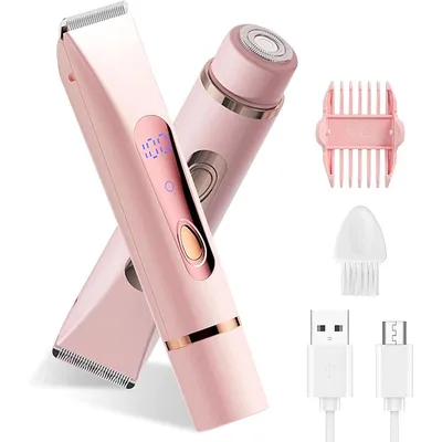 Produktbild von Damen Elektrischer Bikini-Trimmer, 2-in-1 Intimrasierer, schmerzfreie Haarentfernung, tragbarer Rasierer mit 2 Aufsätzen, ideal für Reisen & Urlaub