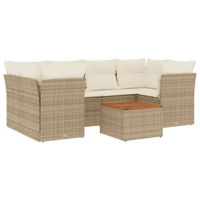 Produktbild von Gartenmöbel-Set 7-teilig, modulares Sofa-Set mit Stauraum, Poly Rattan Beige, Akazienholz-Tisch, UV-beständig, Cremeweiß Kissen