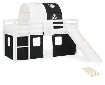 Obrázek produktu pro Postel Homestyle4u, patrová, 90x200 cm, s tobogánem, rošt, závěs, tunel, pirátský motiv, černá barva, dětská postel, bílé dřevo, borovice, masivní konstrukce, postel pro mládež, zábavná postel