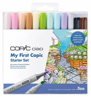 Immagine prodotto di COPIC Ciao pennarelli ad alcool bifacciali a pennello e scalpello 10+2pz, set iniziale con accessori
