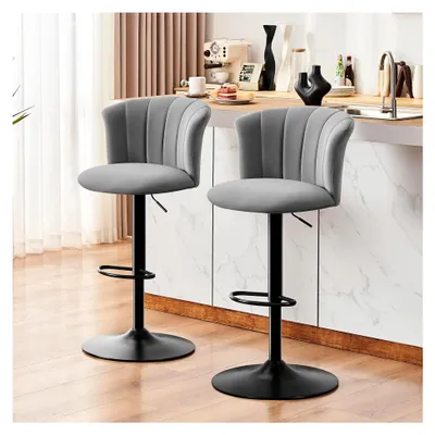 Produktbild von Barhocker 2er Set höhenverstellbar mit Seidensamtstoff, 360° drehbar, Mehrzweck-Barhocker mit Lehne für Küche und Esszimmer, einfacher Aufbau, Grau