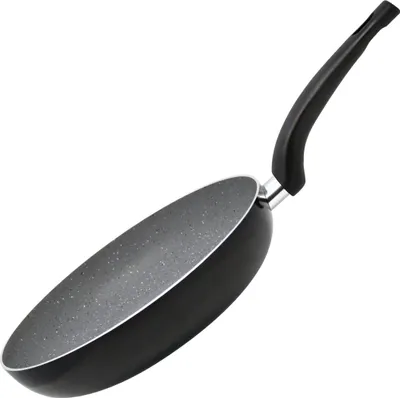 A black frying pan with a speckled gray interior and a black handle is shown against a white background.