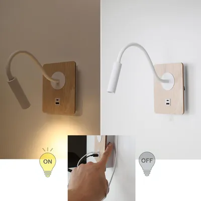Immagine prodotto di Applique in bianco e legno con faretto flessibile da 3 W, connessione USB e tipo C, interruttore con chip CREE.