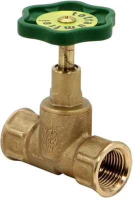 A brass valve with a green handle against a white background.