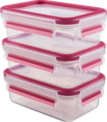 Three clear plastic food storage containers with pink/red lids are stacked on top of each other.