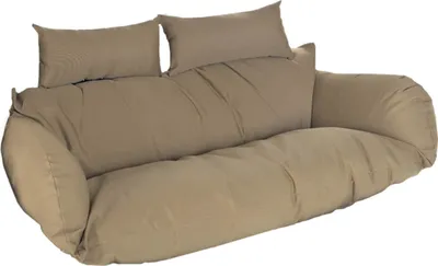 A studio shot of a brown hammock chair cushion with two pillows.