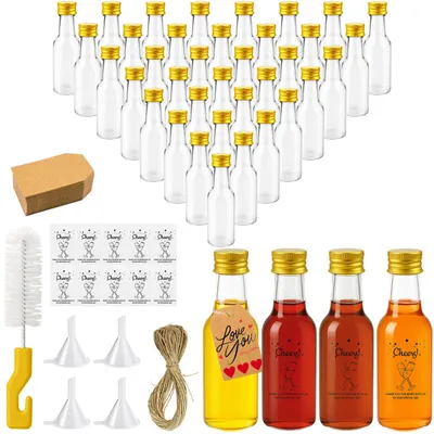 40 Mini Likörflaschen 50ml mit Schraubverschluss, Trichter & Etiketten