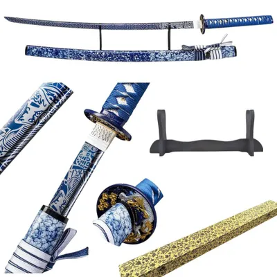 Obrázok produktu pre Japonský zberateľský kúsok – katana z modrej ocele 1095 s pochvou, prezentačným stojanom a darčekovou krabičkou | Dekorácia a stojan do herne GXSW-03