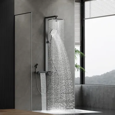 Immagine prodotto di HOROW RainFlexi N2 Sistema doccia con termostato, set doccia a pioggia grigio, include 2 doccette a mano, Soffione doccia a soffitto grande 30x20 cm
