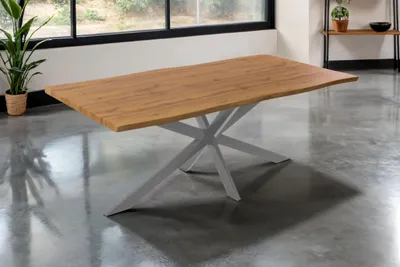 Produktbild von Esstisch Josy | 200 x 100 cm | Holz Wildeiche-Optik | Spider-Gestell Metall Silber | 40 mm Tischplatte mit Baumkante | Tisch für Esszimmer & Küche