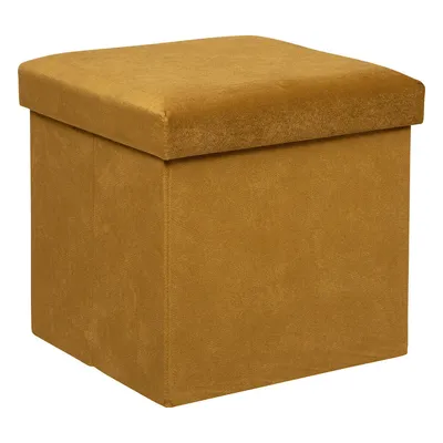 A golden velvet storage ottoman is shown against a white background.