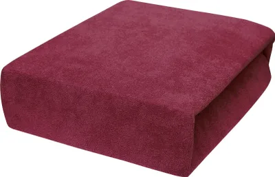 A burgundy fitted sheet is shown from a slightly elevated angle against a white background.