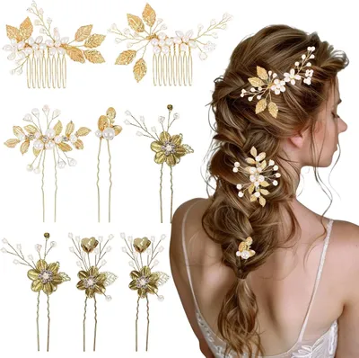 Produktbild von 6 Braut-Haarspangen und 2 Braut-Haarteile mit Perlen, Kopfschmuck, Braut-Haarkamm für Hochzeiten mit Kristallen und Blumen, Haarschmuck für Frauen und Mädchen, Gold