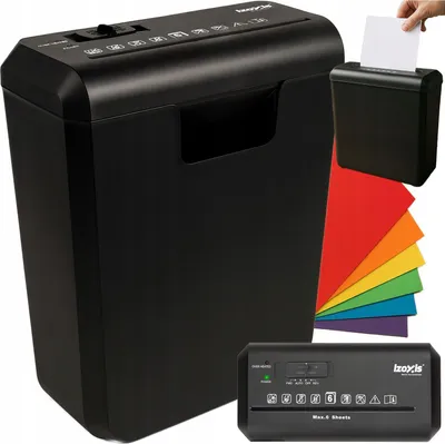 A collage of images showing a black paper shredder, a smaller shredder unit, and colored paper.