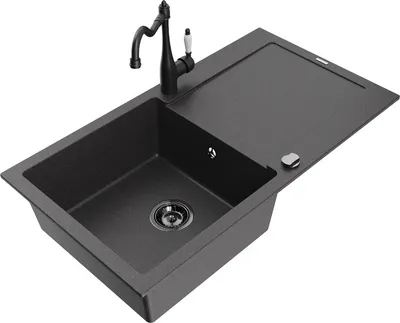 Produktbild von Mexen Leo 1 Becken-Granitspüle mit Abtropffläche und Mischbatterie Carla, Schwarz gesprenkelt - 6501-76-670700-70-B