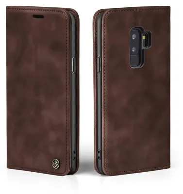 A brown flip case for a Samsung Galaxy S9+ phone is shown from two angles.