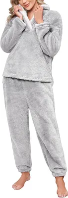 Immagine prodotto di Pigiama da donna in pile, invernale, maniche lunghe, colletto alla francese, colore grigio, taglia L