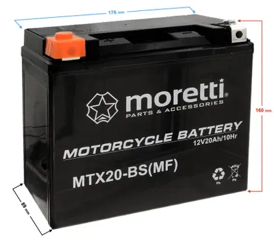 Zdjęcie produktu dla Akumulator motocyklowy Moretti AGM, typ YTX20/MTX20-BS, 12V, 20Ah, 270A