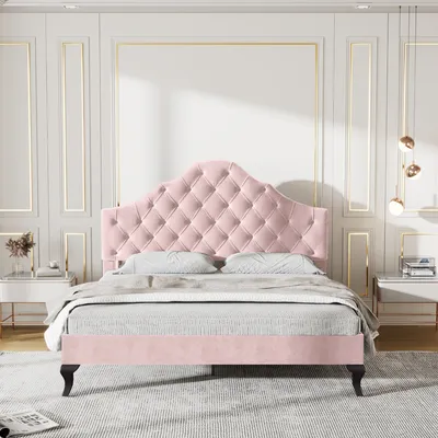 Produktbild von Flieks Polsterbett Doppelbett 140x200cm Jugendbett mit Lattenrost und muschelförmigem Kopfteil, Massivholzbett Ehebett Samt, Rosa