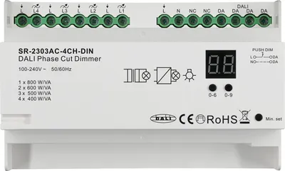 Produktbild von SR-2303AC-4CH-DIN DALI Phasenabschnitt-Dimmer 4-Kanal Hutschiene 100-240V AC 1,8A DALI-2 DT6 mit Push DIM